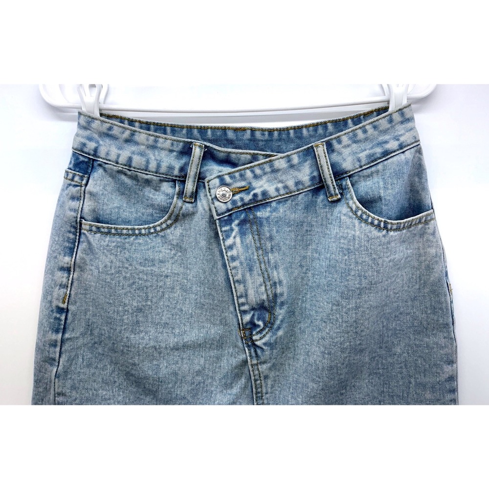 Light Wash Denim Midi Skirt Sz S Asymmetrical Waist Raw Hem Y2K Grunge - Picture 4 of 9